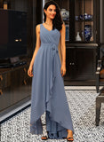 Yadira A-Line V-neck Asymmetrical Chiffon Bridesmaid Dress With Ruffle Bow(s) STAP0012942