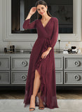 Jessie A-Line V-neck Asymmetrical Bridesmaid Dress With Ruffle Split Front STAP0012945