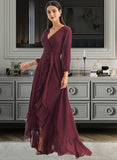 Jessie A-Line V-neck Asymmetrical Bridesmaid Dress With Ruffle Split Front STAP0012945