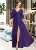 Sal A-Line V-neck Floor-Length Chiffon Bridesmaid Dress With Ruffle Bow(s) Split Front STAP0012948