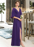 Sal A-Line V-neck Floor-Length Chiffon Bridesmaid Dress With Ruffle Bow(s) Split Front STAP0012948