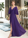 Sal A-Line V-neck Floor-Length Chiffon Bridesmaid Dress With Ruffle Bow(s) Split Front STAP0012948