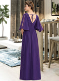 Sal A-Line V-neck Floor-Length Chiffon Bridesmaid Dress With Ruffle Bow(s) Split Front STAP0012948