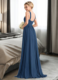 Kitty A-line V-Neck Sweep Train Chiffon Bridesmaid Dress With Ruffle STAP0012949