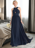 Kitty A-line V-Neck Sweep Train Chiffon Bridesmaid Dress With Ruffle STAP0012949