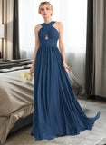 Kitty A-line V-Neck Sweep Train Chiffon Bridesmaid Dress With Ruffle STAP0012949