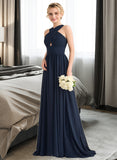 Kitty A-line V-Neck Sweep Train Chiffon Bridesmaid Dress With Ruffle STAP0012949