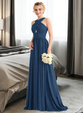 Kitty A-line V-Neck Sweep Train Chiffon Bridesmaid Dress With Ruffle STAP0012949