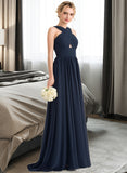 Kitty A-line V-Neck Sweep Train Chiffon Bridesmaid Dress With Ruffle STAP0012949