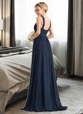 Kitty A-line V-Neck Sweep Train Chiffon Bridesmaid Dress With Ruffle STAP0012949