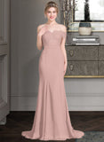 Tiana Trumpet/Mermaid Off the Shoulder Court Train Chiffon Lace Bridesmaid Dress With Sequins STAP0012955