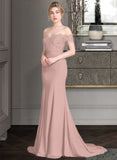 Tiana Trumpet/Mermaid Off the Shoulder Court Train Chiffon Lace Bridesmaid Dress With Sequins STAP0012955