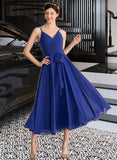 Ireland A-Line V-neck Tea-Length Chiffon Bridesmaid Dress With Ruffle Bow(s) STAP0012958