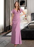 Norma Sheath/Column V-neck Floor-Length Bridesmaid Dress With Ruffle STAP0012960