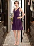 Ashtyn A-Line V-neck Knee-Length Chiffon Lace Bridesmaid Dress With Ruffle STAP0012964