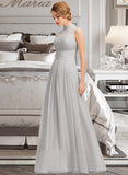 Hayley A-line High Neck Floor-Length Chiffon Lace Bridesmaid Dress With Ruffle STAP0012966