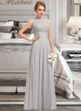 Hayley A-line High Neck Floor-Length Chiffon Lace Bridesmaid Dress With Ruffle STAP0012966