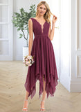 Mia A-line V-Neck Ankle-Length Chiffon Lace Bridesmaid Dress STAP0012969