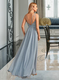 Erica A-Line V-neck Floor-Length Bridesmaid Dress With Ruffle STAP0012977