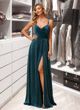 Krista A-Line V-neck Floor-Length Bridesmaid Dress With Split Front STAP0012978