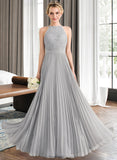 Danna A-Line Scoop Neck Floor-Length Chiffon Lace Bridesmaid Dress With Pleated STAP0012980