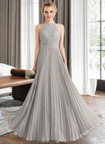 Danna A-Line Scoop Neck Floor-Length Chiffon Lace Bridesmaid Dress With Pleated STAP0012980