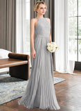 Danna A-Line Scoop Neck Floor-Length Chiffon Lace Bridesmaid Dress With Pleated STAP0012980