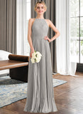 Danna A-Line Scoop Neck Floor-Length Chiffon Lace Bridesmaid Dress With Pleated STAP0012980