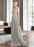 Danna A-Line Scoop Neck Floor-Length Chiffon Lace Bridesmaid Dress With Pleated STAP0012980