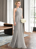 Danna A-Line Scoop Neck Floor-Length Chiffon Lace Bridesmaid Dress With Pleated STAP0012980