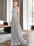 Danna A-Line Scoop Neck Floor-Length Chiffon Lace Bridesmaid Dress With Pleated STAP0012980