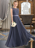 Trudie A-Line Scoop Neck Floor-Length Chiffon Lace Bridesmaid Dress With Bow(s) STAP0012984