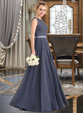 Trudie A-Line Scoop Neck Floor-Length Chiffon Lace Bridesmaid Dress With Bow(s) STAP0012984