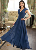 Sarah A-Line V-neck Floor-Length Bridesmaid Dress With Ruffle STAP0012986