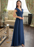 Sarah A-Line V-neck Floor-Length Bridesmaid Dress With Ruffle STAP0012986