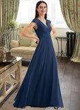 Sarah A-Line V-neck Floor-Length Bridesmaid Dress With Ruffle STAP0012986