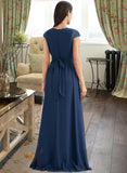 Sarah A-Line V-neck Floor-Length Bridesmaid Dress With Ruffle STAP0012986