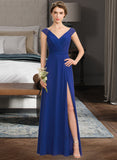 Caitlyn A-Line V-neck Floor-Length Chiffon Lace Bridesmaid Dress With Ruffle Split Front STAP0012988