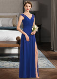 Caitlyn A-Line V-neck Floor-Length Chiffon Lace Bridesmaid Dress With Ruffle Split Front STAP0012988