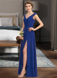 Caitlyn A-Line V-neck Floor-Length Chiffon Lace Bridesmaid Dress With Ruffle Split Front STAP0012988