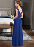 Caitlyn A-Line V-neck Floor-Length Chiffon Lace Bridesmaid Dress With Ruffle Split Front STAP0012988