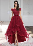 Arielle Ball-Gown/Princess Off-the-Shoulder Asymmetrical Tulle Bridesmaid Dress With Beading Sequins Bow(s) STAP0012991