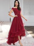 Arielle Ball-Gown/Princess Off-the-Shoulder Asymmetrical Tulle Bridesmaid Dress With Beading Sequins Bow(s) STAP0012991