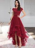 Arielle Ball-Gown/Princess Off-the-Shoulder Asymmetrical Tulle Bridesmaid Dress With Beading Sequins Bow(s) STAP0012991