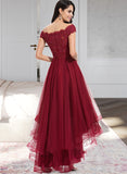 Arielle Ball-Gown/Princess Off-the-Shoulder Asymmetrical Tulle Bridesmaid Dress With Beading Sequins Bow(s) STAP0012991