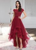 Arielle Ball-Gown/Princess Off-the-Shoulder Asymmetrical Tulle Bridesmaid Dress With Beading Sequins Bow(s) STAP0012991