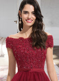 Arielle Ball-Gown/Princess Off-the-Shoulder Asymmetrical Tulle Bridesmaid Dress With Beading Sequins Bow(s) STAP0012991