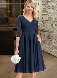 Pearl A-Line V-neck Knee-Length Chiffon Bridesmaid Dress With Pockets STAP0012994