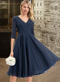 Pearl A-Line V-neck Knee-Length Chiffon Bridesmaid Dress With Pockets STAP0012994