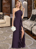 Ellie A-Line One-Shoulder Floor-Length Chiffon Bridesmaid Dress With Split Front Cascading Ruffles STAP0012997